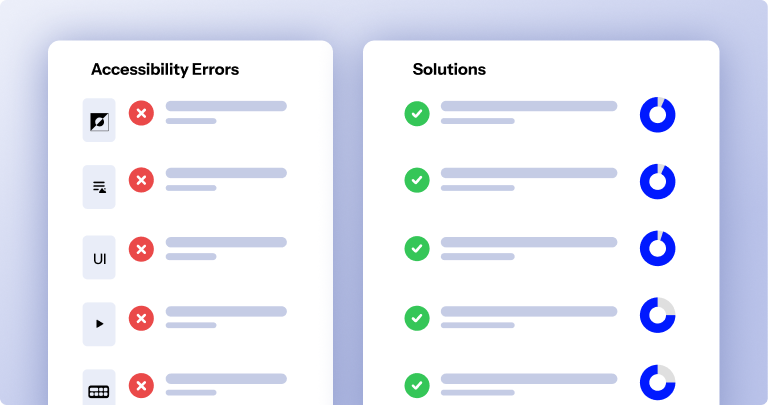 Cover image: on a light-colored background two separate paper showing, the “Accessibility Errors” panel marked with a red X, the “Solutions” panel marked with a green checkmark.