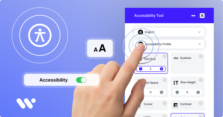 WeAccess.Ai logo on a purple-blue gradient with a hand, accessibility menu, ADA compliance label, and disability profile list.1