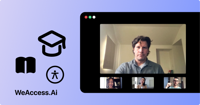 Kapak görseli: Açık mor zemin üzerinde WeAccess.Ai logosu, mezuniyet kepi, kitap ve erişilebilirlik ikonları ile online ders veya video konferans arayüzünde kütüphanede çalışan öğrenciler ve katılımcı kameraları1