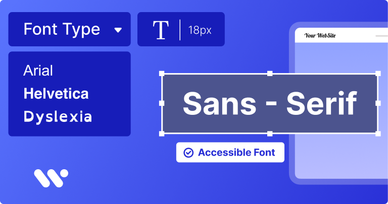 Cover image: The WeAccess.Ai logo on a blue background, a font selection menu, a font size slider, a sans-serif text box, and interface components representing accessible fonts