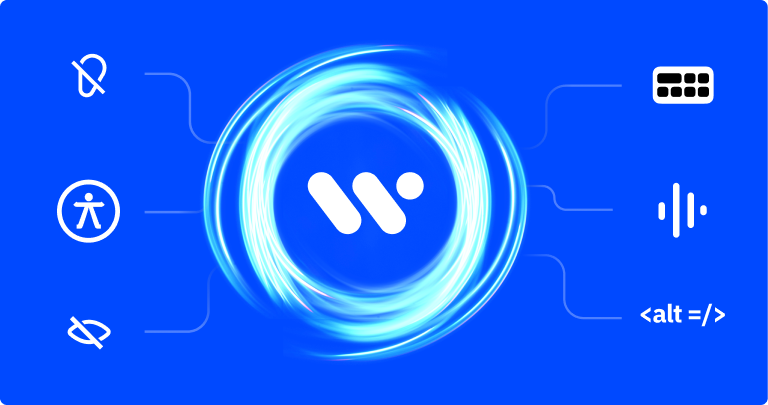 WeAccess.Ai logo on blue, WCAG badge, UI/UX Designer label, color palette and typography panel with accessible design settings.1