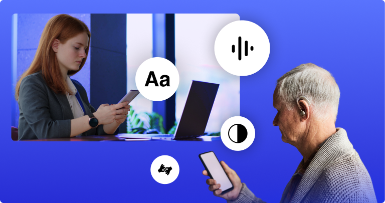 Cover image: The WeAccess.Ai logo on a blue background, featuring an elderly man wearing a hearing aid and looking at his smartphone, along with icons representing sound waves, font size, contrast, and sign language1
