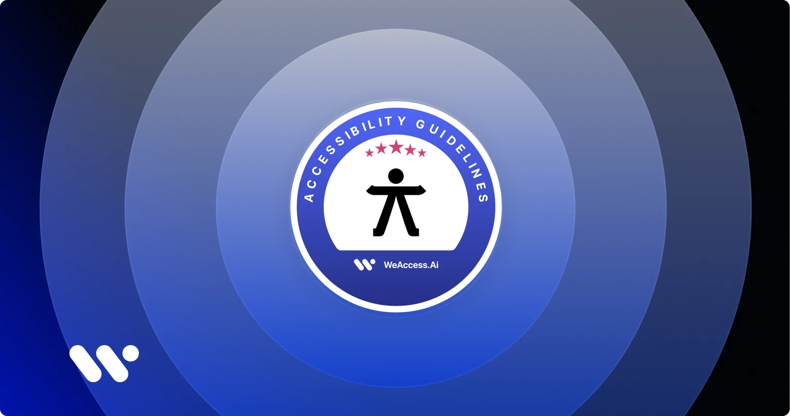 Cover image: The WeAccess.Ai logo on a dark blue, circular, wavy background; the WCAG accessibility badge emblem in the center; and, inside this emblem, an accessibility figure and red stars symbolizing the evaluation rating1