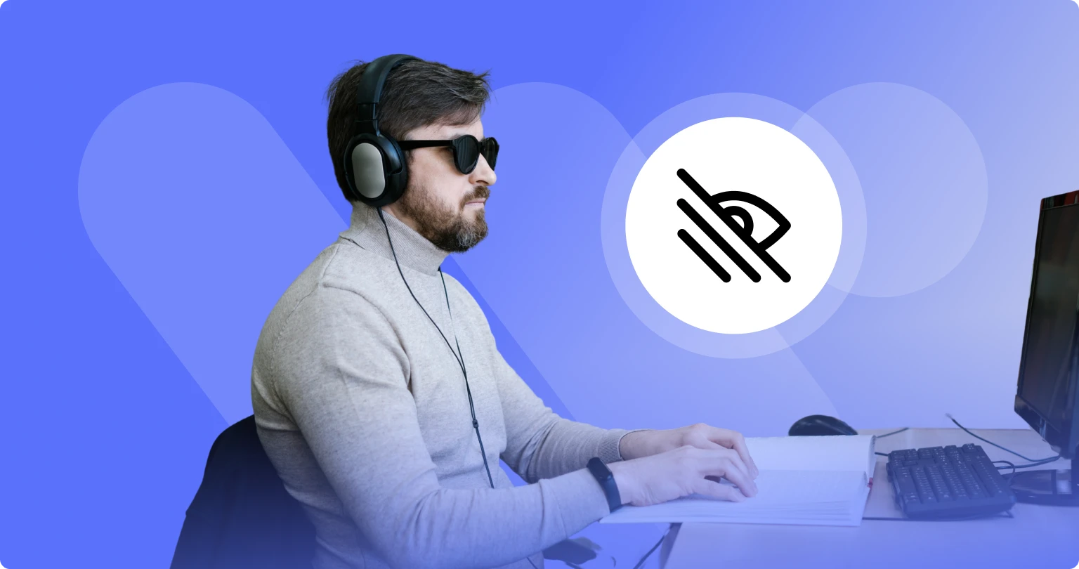 Cover image: WeAccess.Ai logo, visual impairment icon, and a close shot of a man wearing headphones and dark sunglasses working on a computer on a blue background.