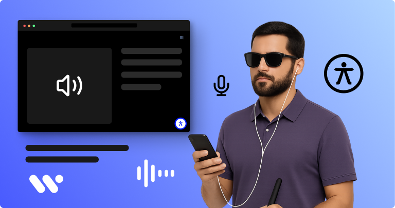 WeAccess logo, AI icon, man with glasses, tablet and white cane, AI chip and sound wave icon.