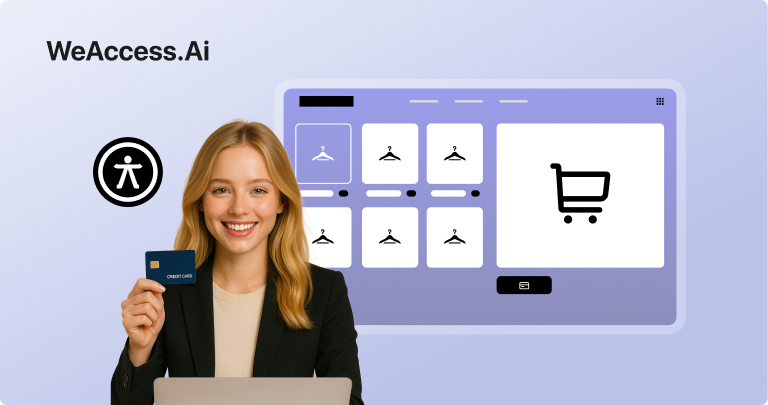 Kapak görseli: Açık zemin üzerinde WeAccess.Ai logosu, elinde kredi kartı tutan gülümseyen kadın, erişilebilirlik ikonu ve e-ticaret alışveriş sitesi arayüzü1