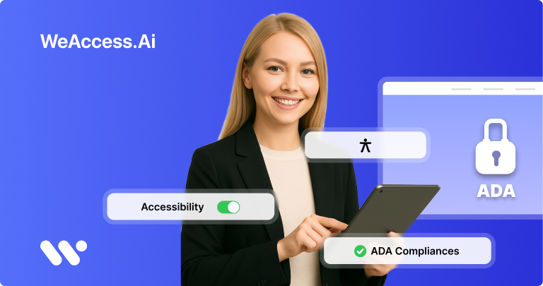 Cover image: The WeAccess.Ai logo on a blue background, a smiling woman holding a tablet, a browser window featuring the Accessibility key and the ADA lock icon, and the ADA Compliance badge1