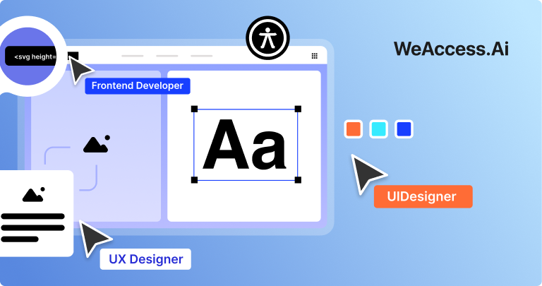 Cover image: The WeAccess.Ai logo on a light blue background, a magnifying glass examining code, “Front-End Developer” and “UI Designer” labels, text and color editing tools, and accessibility icons1