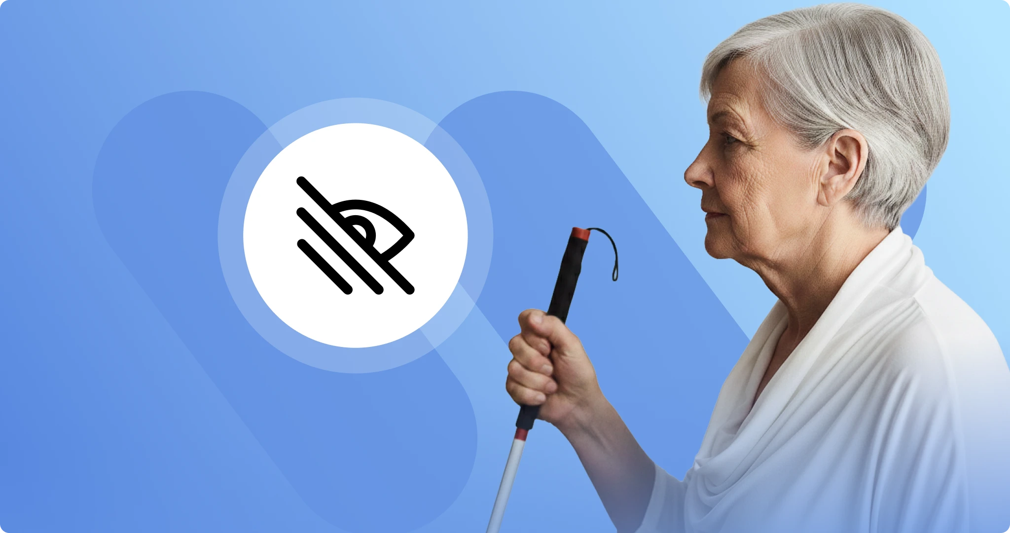 The WeAccess.Ai logo, the icon for visual impairment, and an elderly woman with short white hair holding a white cane, all on a blue background