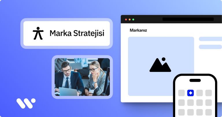 Kapak görseli: Mavi ve açık mavi geçişli arka planda WeAccess.Ai logosu, “Marka Stratejisi” etiketi; ortada “Markanız” başlıklı web tarayıcısı ve akıllı telefon simgesi, iş toplantısı yapan insanlar