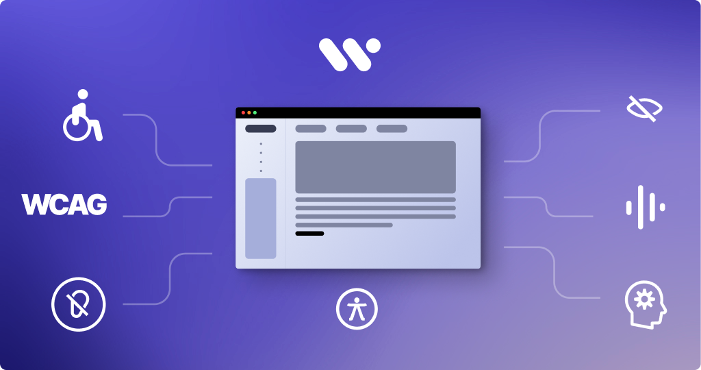 Kapak görseli: Mor ve mavi geçişli zemin üzerinde WeAccess.Ai logosu, merkezde bir web tarayıcı penceresi ve etrafında tekerlekli sandalye, WCAG, işitme engeli, görme engeli, ses dalgası ve zihinsel erişilebilirlik ikonları