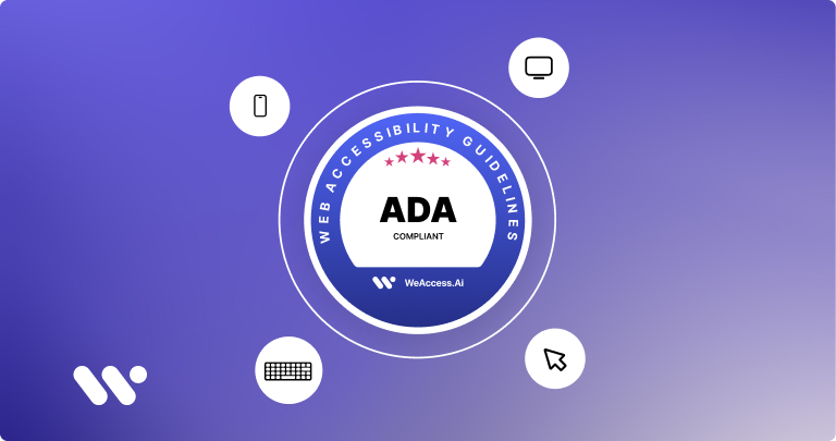 Cover image: The WeAccess.Ai logo on a background with a gradient of purple and blue, featuring a large ADA compliance badge in the center, flanked by WCAG, S-508, EEA, and COPPA accessibility badges, along with icons of a smartphone, screen, keyboard, 1