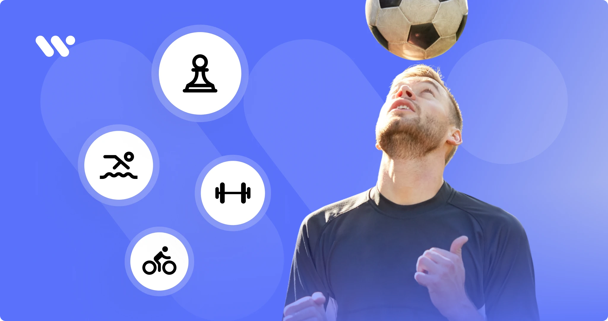 Cover image for the article "What Are Sports Branches for Visually Impaired People and How Can They Play Sports?". WeAccess.Ai logo on a blue background, icons for chess, swimming, weights, and cycling, along with a man heading a soccer ball.