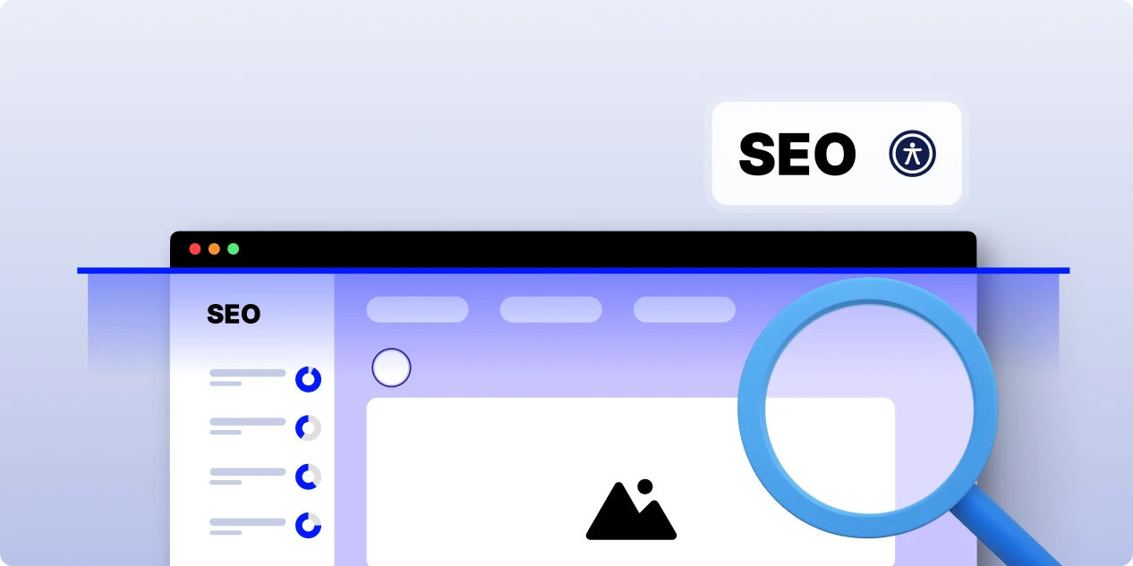 Cover image: The WeAccess.Ai logo on a light background, a label featuring the SEO and accessibility icons, a web browser window being examined with a blue magnifying glass, and content analysis charts1
