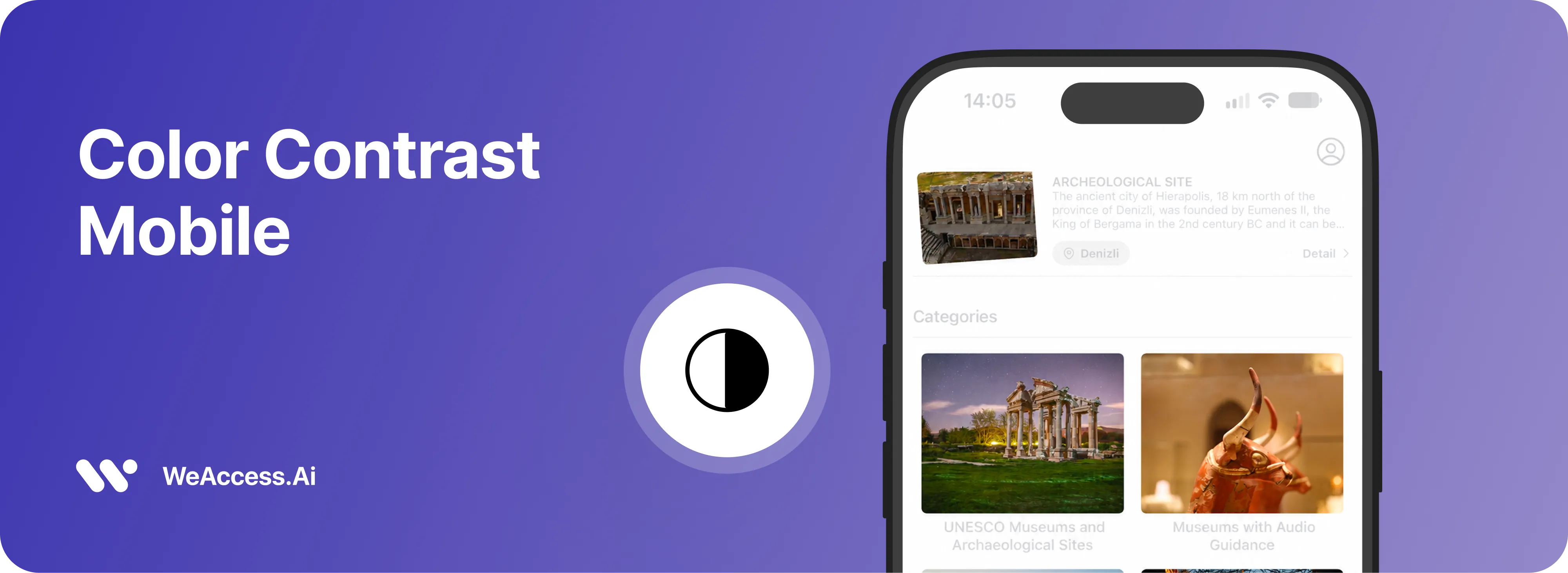 WeAccess.ai mobil renk kontrastı örneği: beyaz zemin üzerinde okunması zor açık gri metinler içeren bir gezi uygulaması.