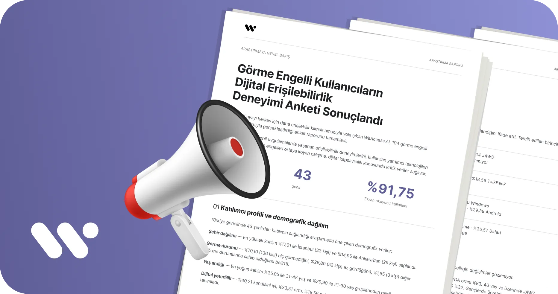 WeAccess banner announcing the results of the Digital Accessibility Experience Survey of Visually Impaired Users in Türkiye. A megaphone sits in front of report pages showing key findings: 43 cities across Türkiye and 91.75% screen reader usage. 1