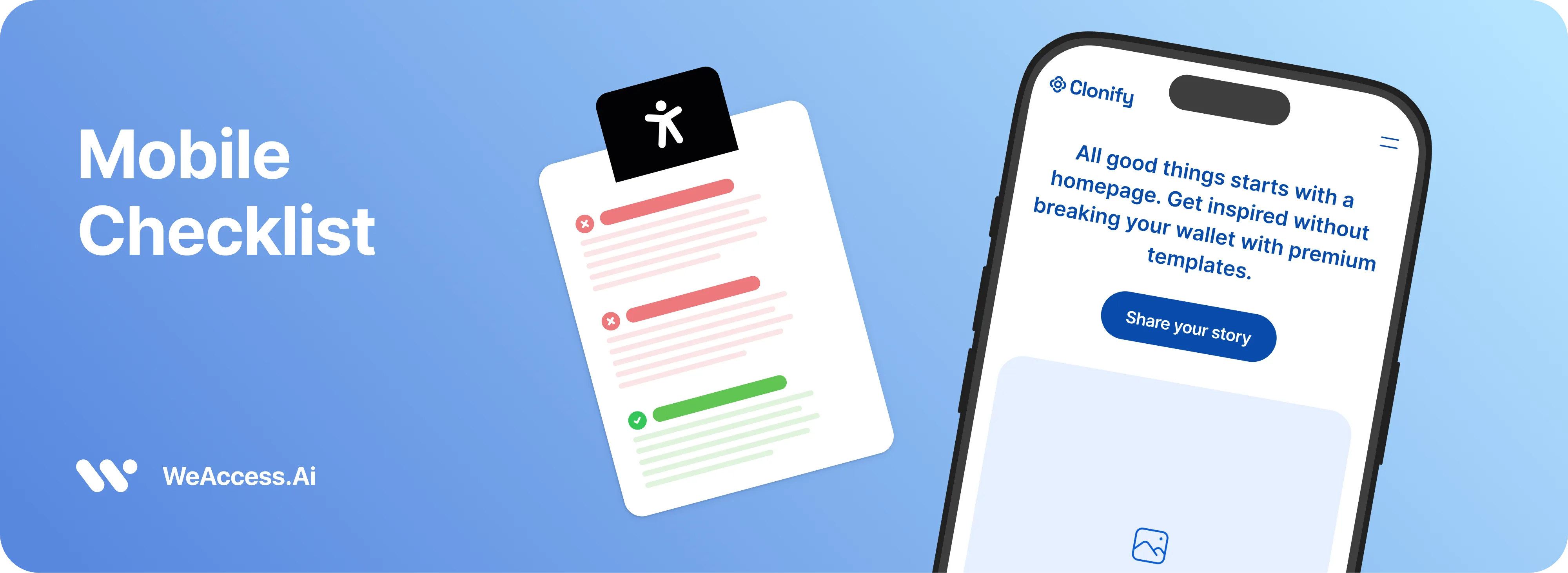Mobile accessibility checklist by WeAccess.ai: a checklist with failed and passed items next to a smartphone app screen1