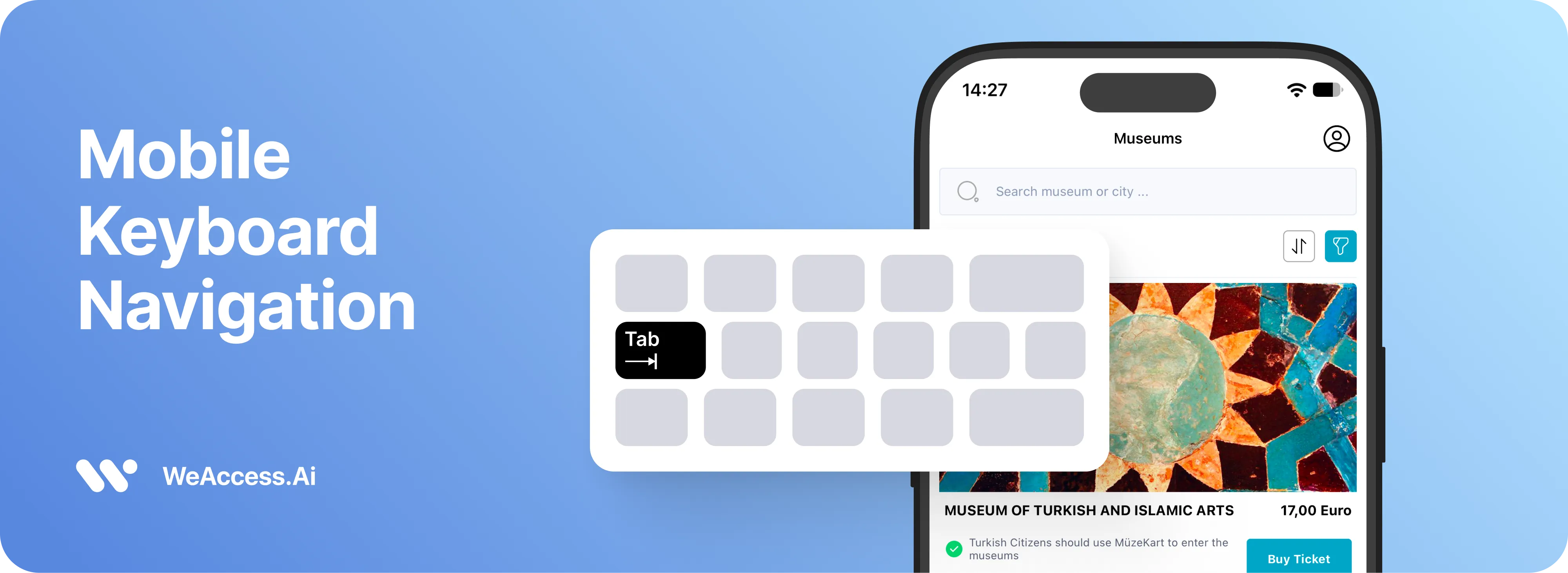 Keyboard with the Tab key highlighted next to a smartphone running a museum app, showing keyboard navigation on mobile1