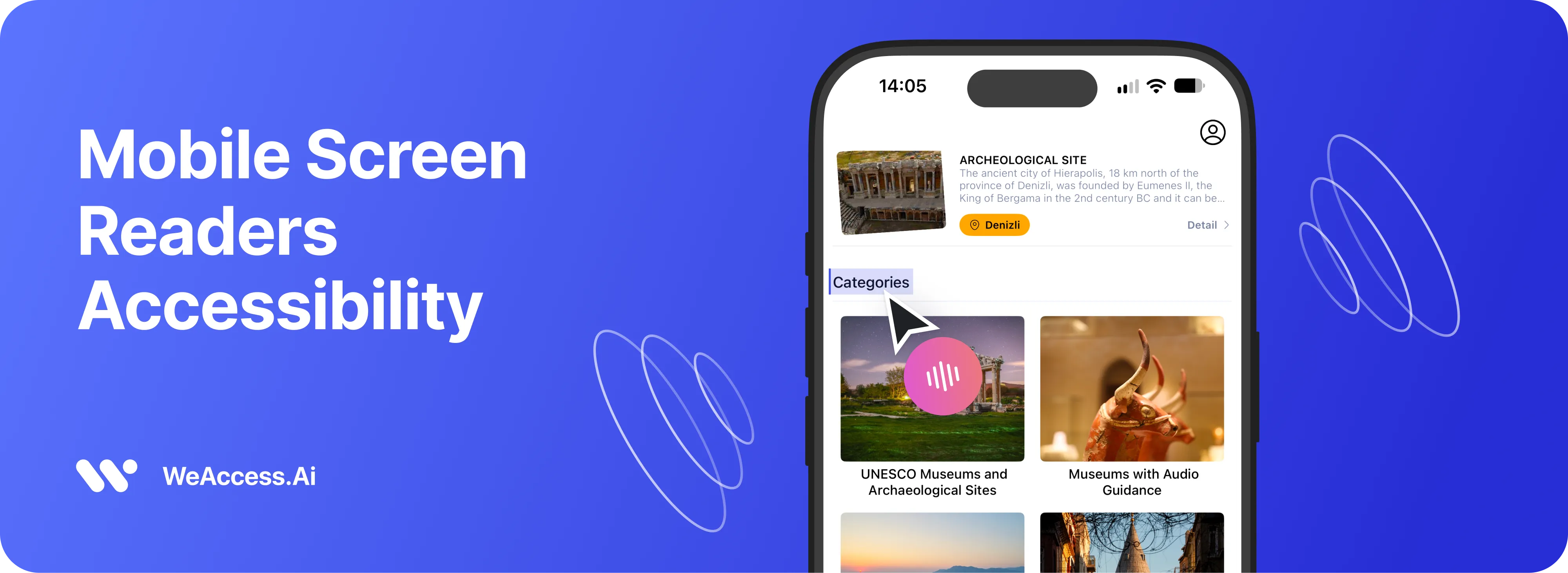 Mobile Screen Reader Accessibility by WeAccess.Ai, with a museum app where the screen reader focus is on the Categories heading