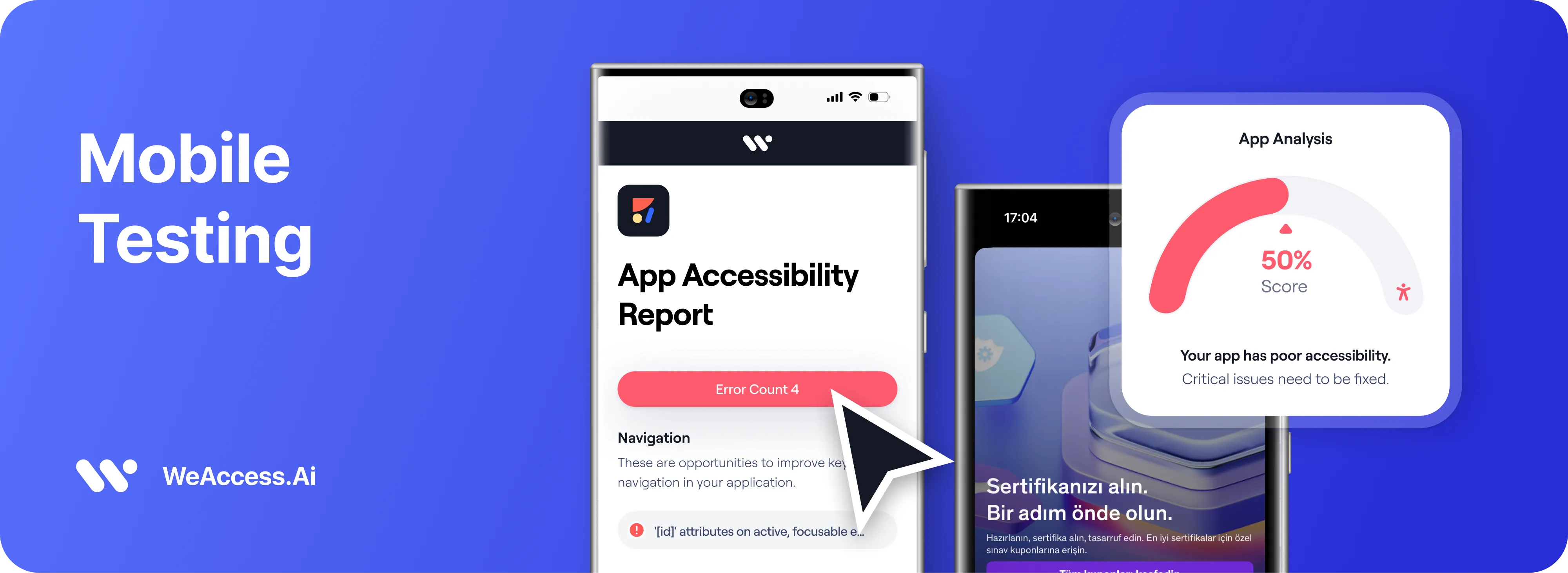 Mobile accessibility testing with WeAccess.ai: an app accessibility report showing errors and a low accessibility score.