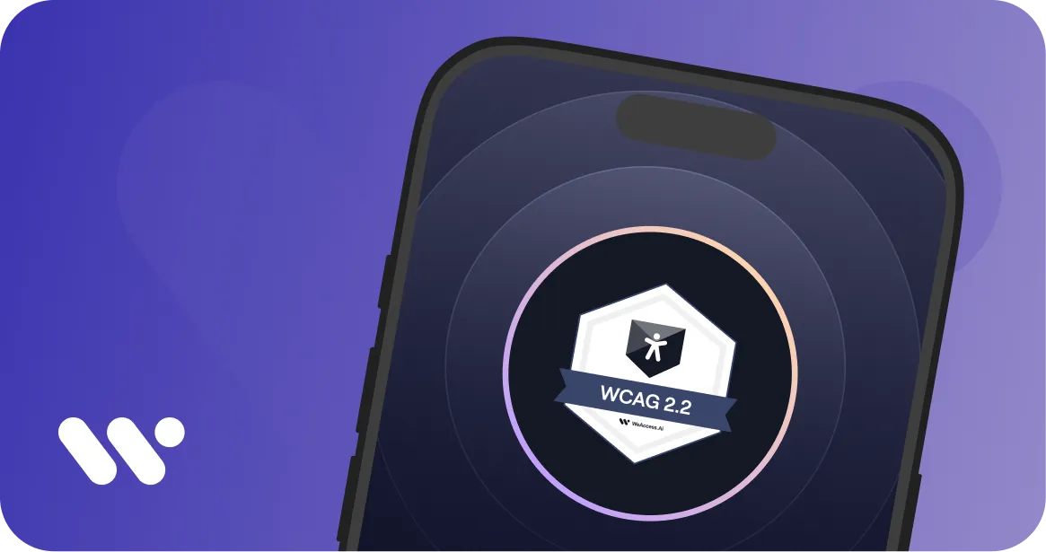 WeAccess.Ai mobil uygulamalar için WCAG: ekranında WCAG 2.2 rozeti ve erişilebilirlik simgesi bulunan akıllı telefon 1