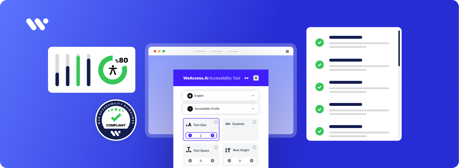 Cover image: The WeAccess.Ai logo on a blue background, an accessibility chart showing an 80% score, the “Compliant” badge, the WeAccess.Ai Accessibility Tool interface in front of a web browser, and a checklist panel with a checkmark
