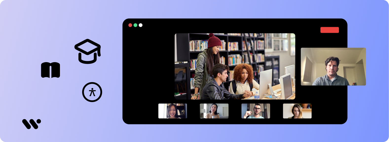 Kapak görseli: Açık mor zemin üzerinde WeAccess.Ai logosu, mezuniyet kepi, kitap ve erişilebilirlik ikonları ile online ders veya video konferans arayüzünde kütüphanede çalışan öğrenciler ve katılımcı kameraları