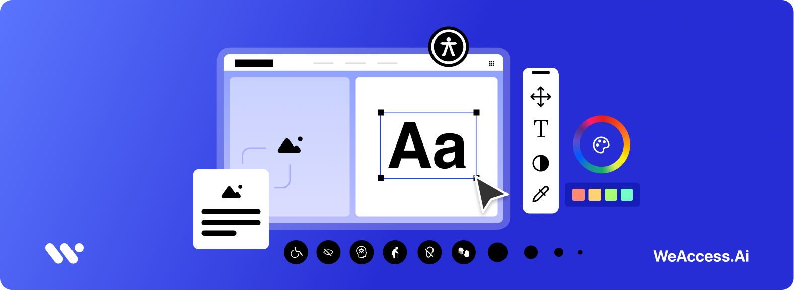 Cover image: The WeAccess.Ai logo on a blue background, web interface design, text and image editing windows, color palette, and accessibility icons