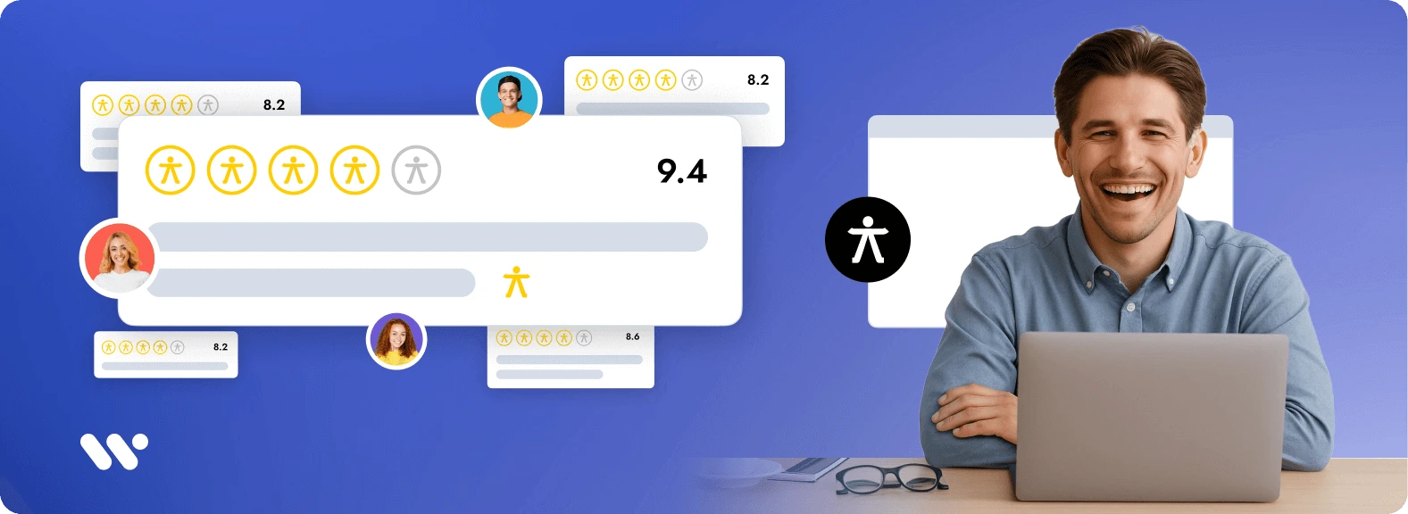 Cover image: The WeAccess.Ai logo on a blue background, a man smiling at a computer, an accessibility icon, user rating scores (a 9.4 scorecard), profile photos of people, and accessibility-themed rating icons in place of stars