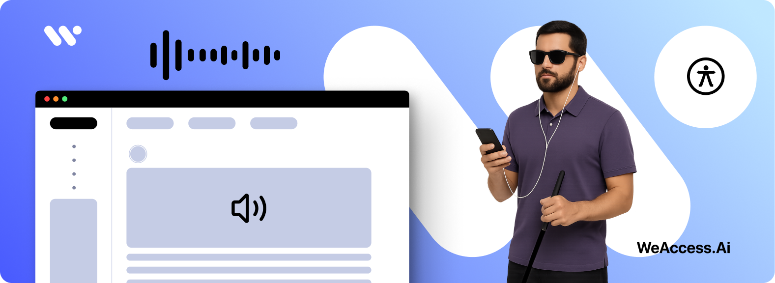 WeAccess logo, AI icon, man with glasses, tablet and white cane, AI chip, sound wave, mountain photo, and auto-generated image description.