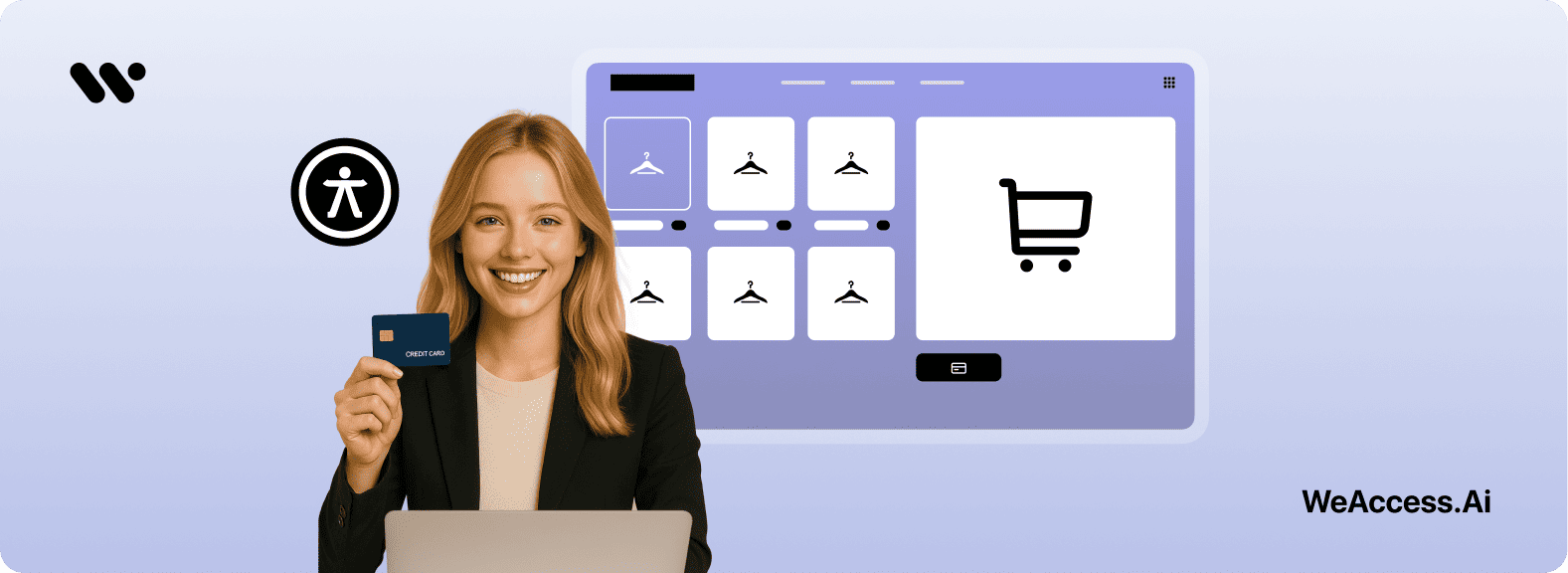 Cover image: The WeAccess.Ai logo on a light-colored background, a smiling woman holding a credit card, an accessibility icon, and an e-commerce shopping site interface