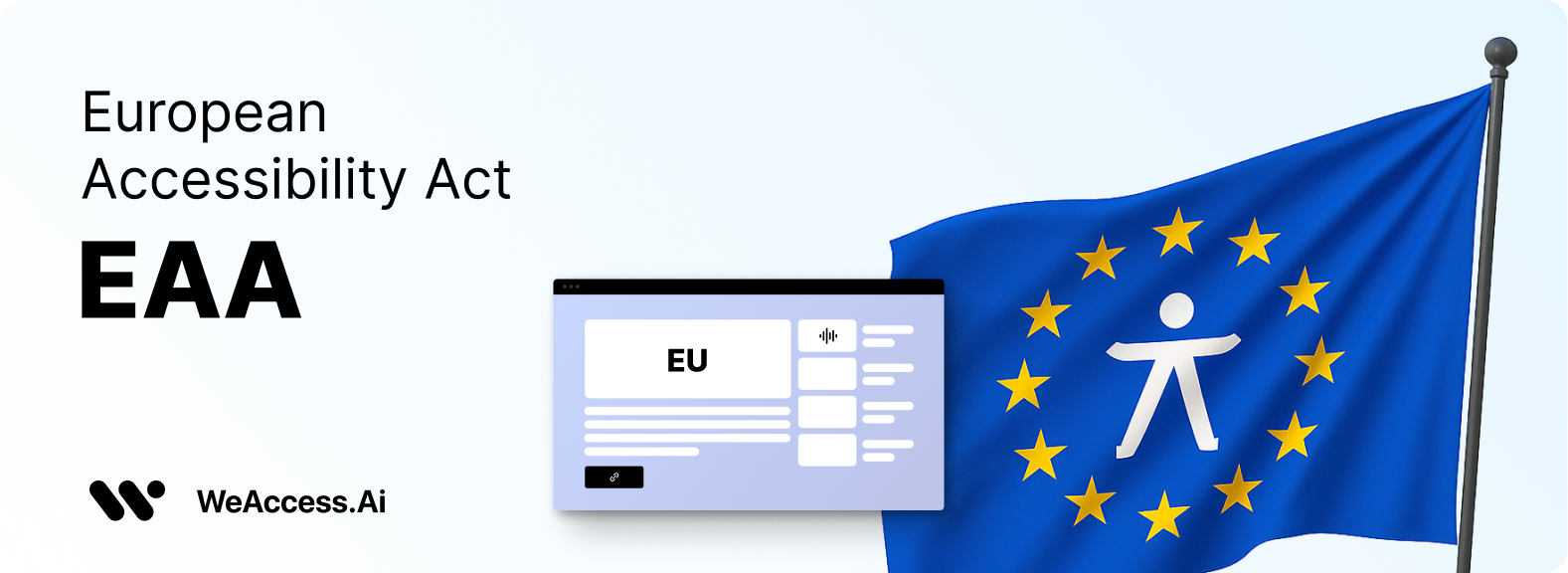 Cover image: The WeAccess.Ai logo on a light-colored background, the heading “European Accessibility Act (EAA),” a web browser window labeled “EU,” and a fluttering European Union flag with a human figure in the center