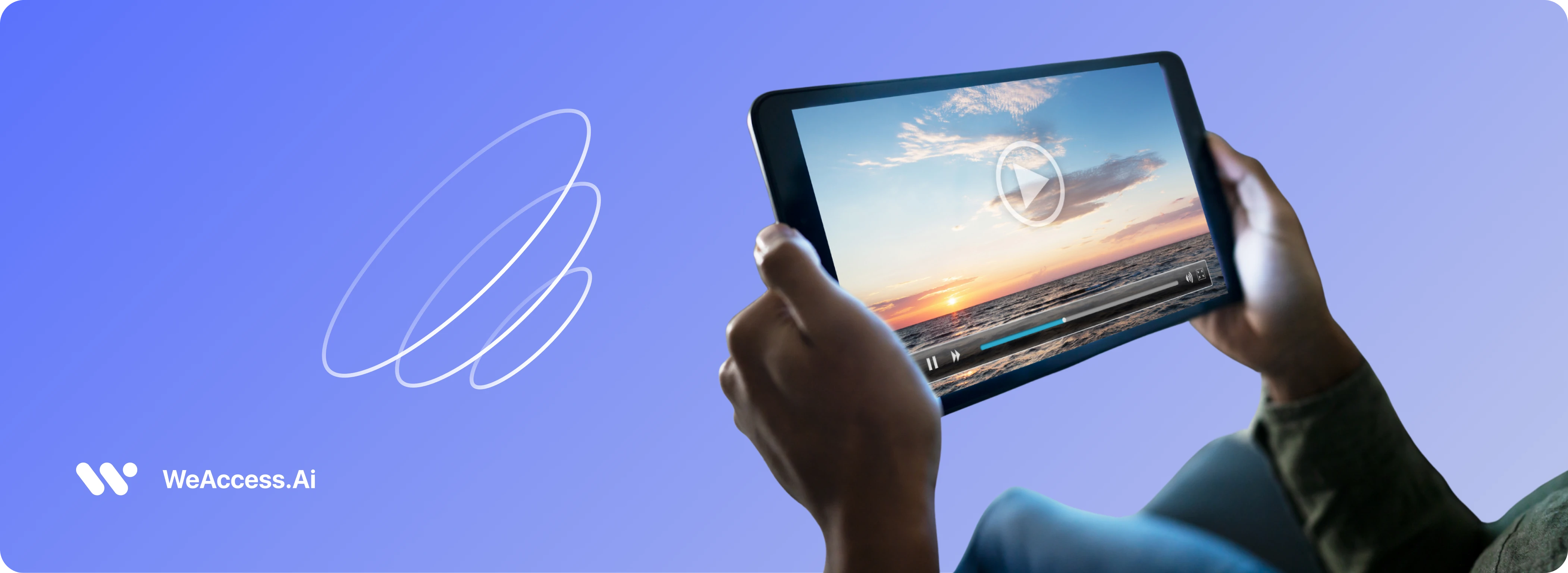 Görme Engelliler Nasıl Film İzler? yazısının kapak görseli. Mavi arka plan üzerinde WeAccess.Ai logosu ve tablette gün batımı deniz videosu izleyen kişi.