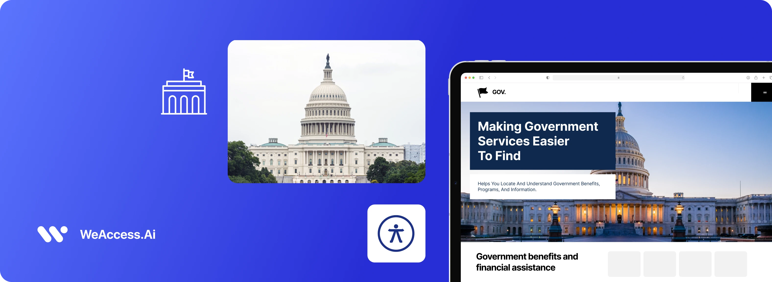 Cover image: The WeAccess.Ai logo, an official government building icon, and a photo of a public services website open on a computer screen, all on a blue background