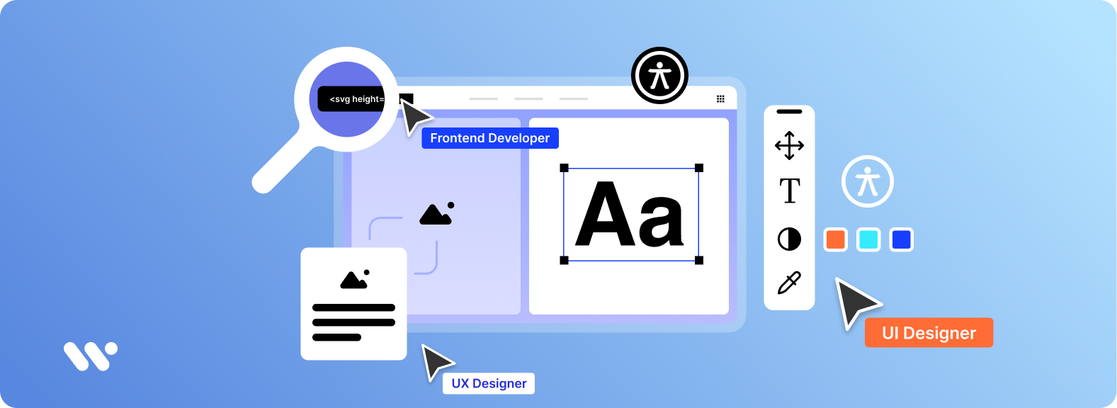 Cover image: The WeAccess.Ai logo on a light blue background, a magnifying glass examining code, “Front-End Developer” and “UI Designer” labels, text and color editing tools, and accessibility icons