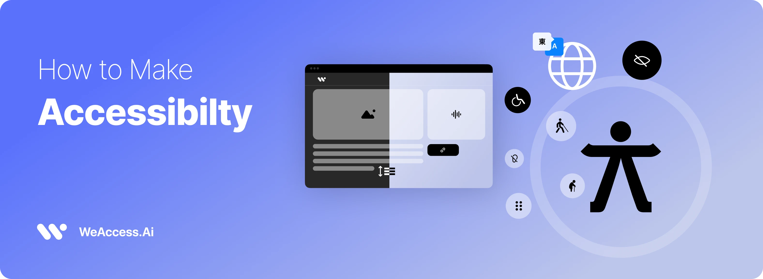 Cover image: The WeAccess.Ai logo on a blue background, with web and mobile app interface templates, the WCAG badge, the W3C logo, and graphic panels featuring accessibility and content control icons in the center