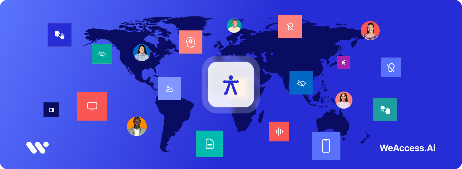 Cover image: The WeAccess.Ai logo on a blue background, a silhouette of a world map, human portraits scattered across the map, and various accessibility icon boxes, with a large accessibility icon in the center