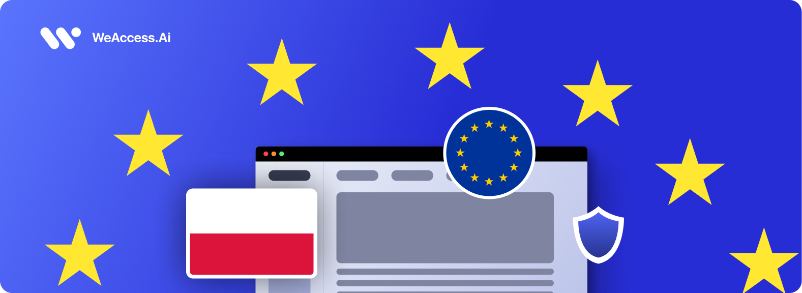 Featured image: The WeAccess.Ai logo, the European Union stars, the Polish flag, the EU flag emblem, a web browser window, and a security shield icon on a blue background