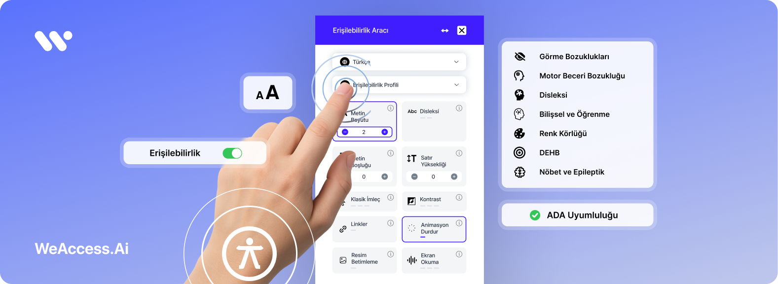 Kapak: Mor-mavi geçişli fonda WeAccess.Ai logosu, dokunan el, Erişilebilirlik Aracı, ADA etiketi ve farklı engel profillerinin listesi.