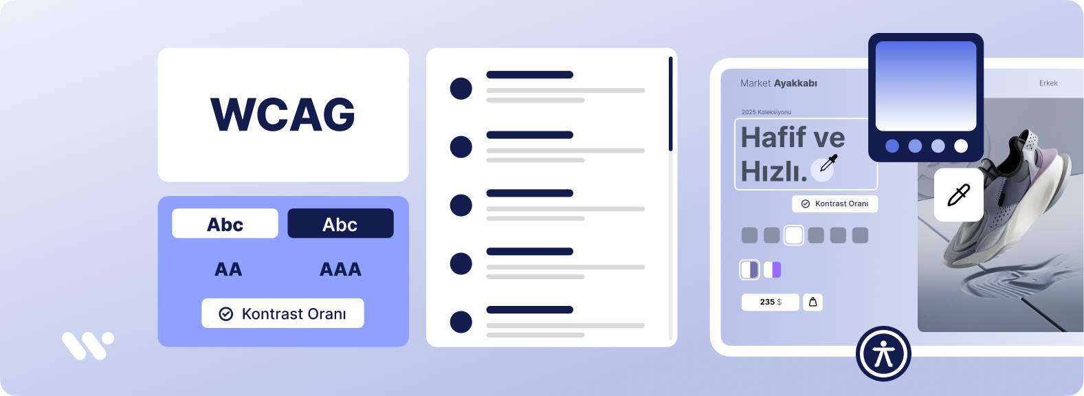 Kapak görseli: Açık zemin üzerinde WeAccess.Ai logosu, WCAG paneli, AA ve AAA kontrast oranı test bileşenleri, maddeli liste tasarımı, ürün sayfası arayüzü ve erişilebilirlik ikonu