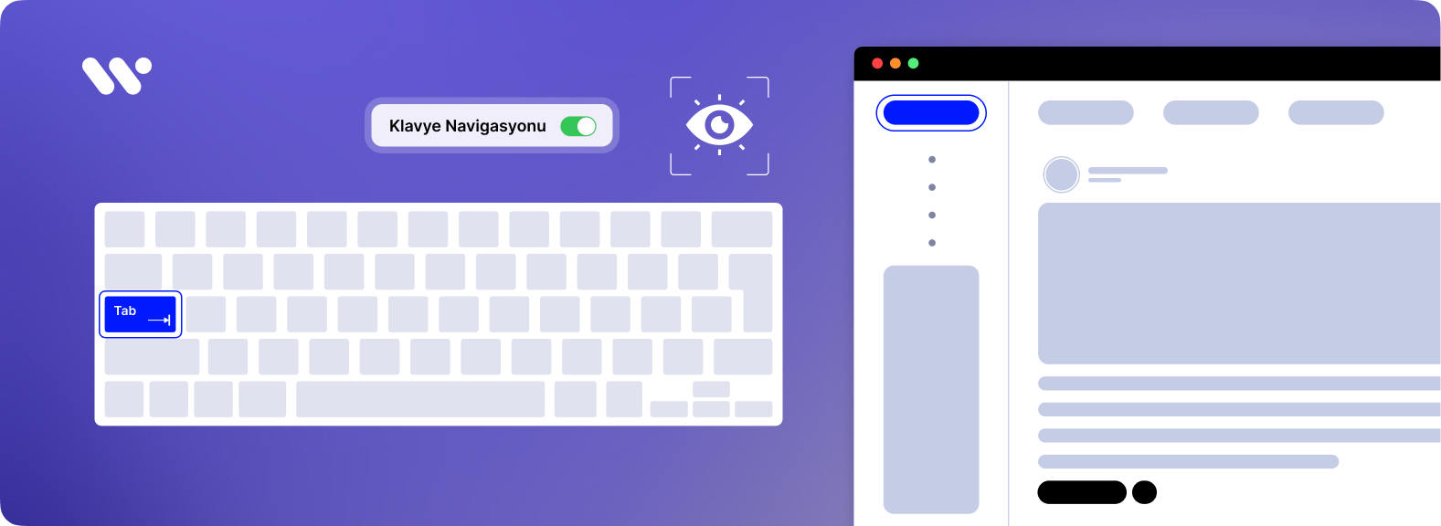 Kapak görseli: Mor zemin üzerinde WeAccess.Ai logosu, Tab tuşu vurgulanmış klavye simgesi, Klavye Navigasyonu anahtarı, göz ikonu ve yanında web tarayıcı penceresi