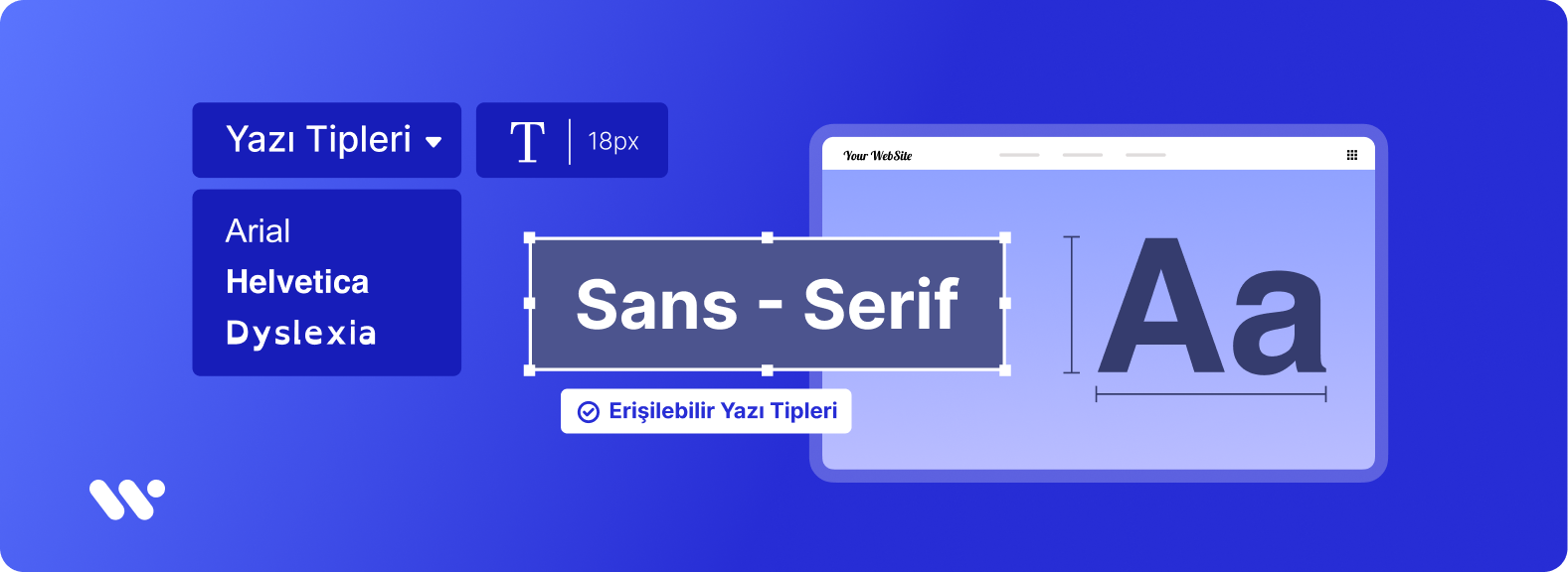 Kapak görseli: Mavi zemin üzerinde WeAccess.Ai logosu, yazı tipi seçim menüsü, punto boyutu ayarı, Sans-Serif metin kutusu ve erişilebilir yazı tiplerini temsil eden arayüz bileşenleri
