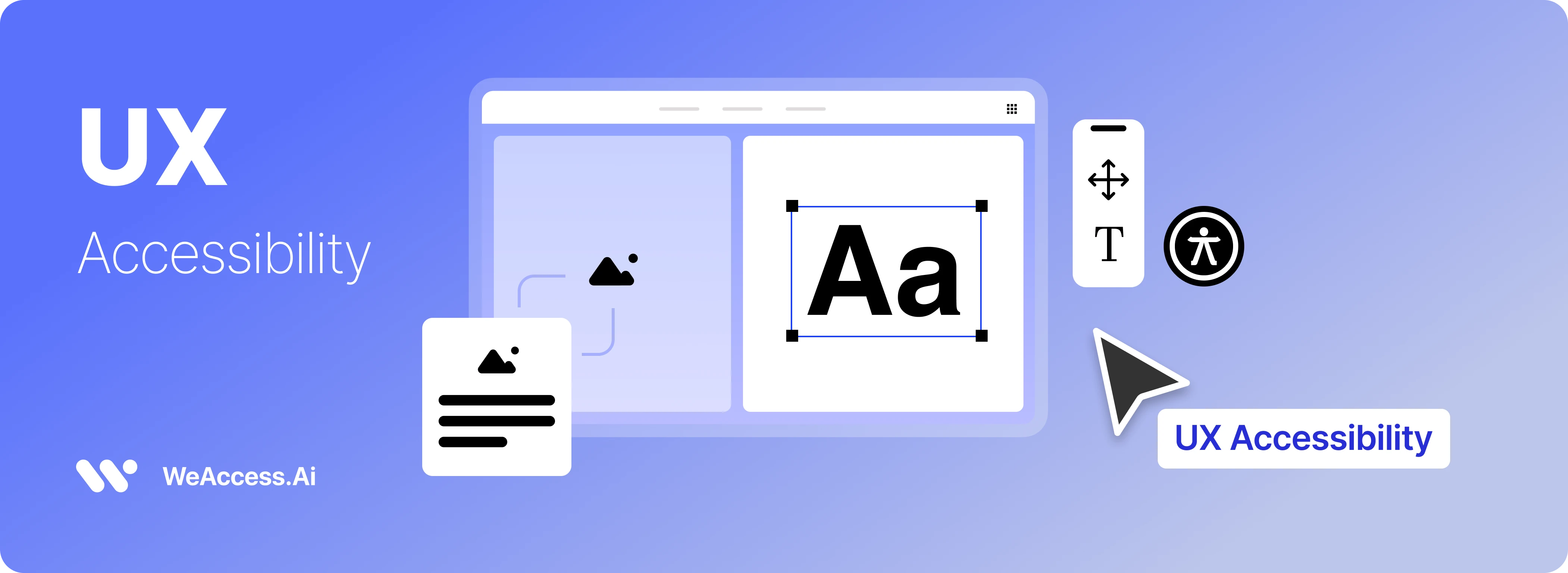 Kapak görseli: Mavi zemin üzerinde WeAccess.Ai logosu, web arayüzü tasarımı, görsel/metin alanları, imleç ve erişilebilirlik ikonları