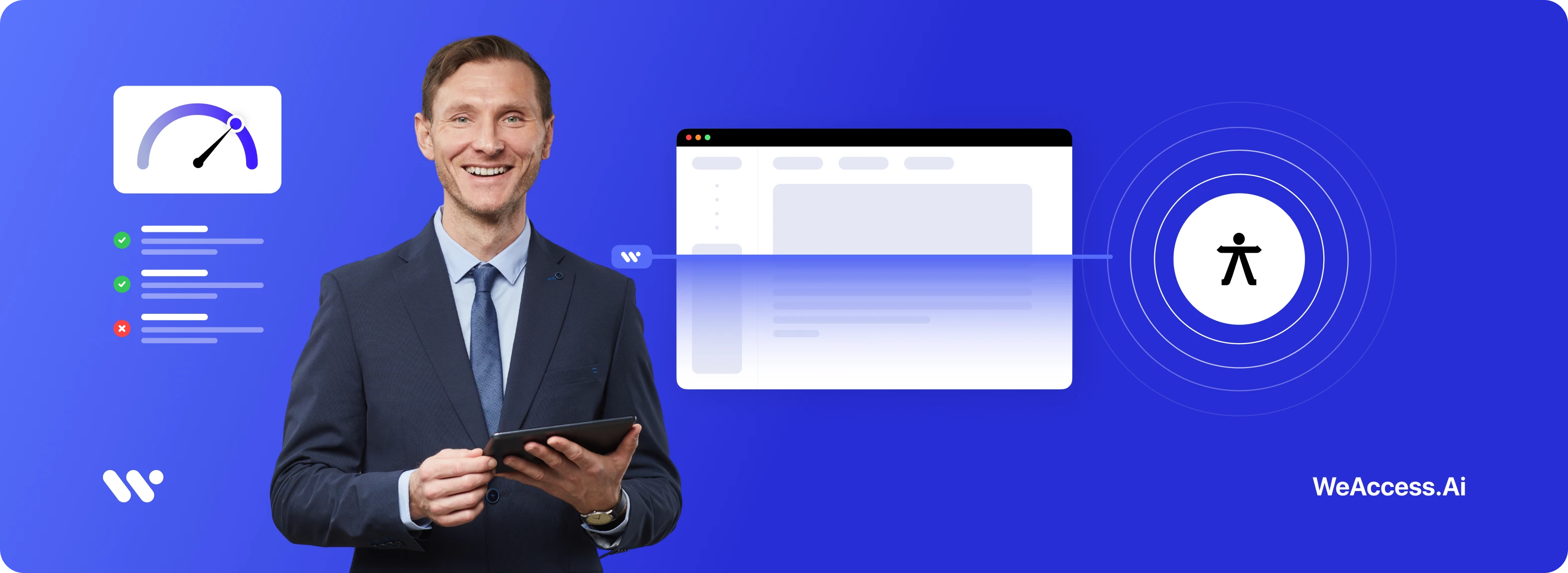 Cover image: The WeAccess.Ai logo on a blue background, a smiling man in a suit holding a tablet, a performance metrics dashboard, a web browser window, and an accessibility icon