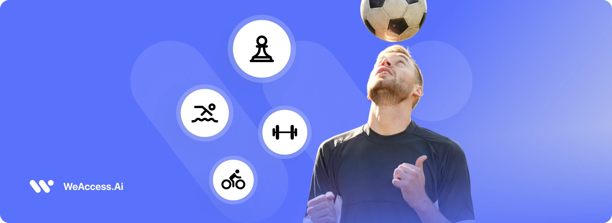 Görme Engelli Spor Branşları Nelerdir ve Görme Engelliler Sporları Nasıl Yapabilir? yazısının kapak görseli Mavi arka planda WeAccess.Ai logosu, satranç, yüzme, ağırlık ve bisiklet ikonları ile kafasıyla futbol topu sektiren adam.