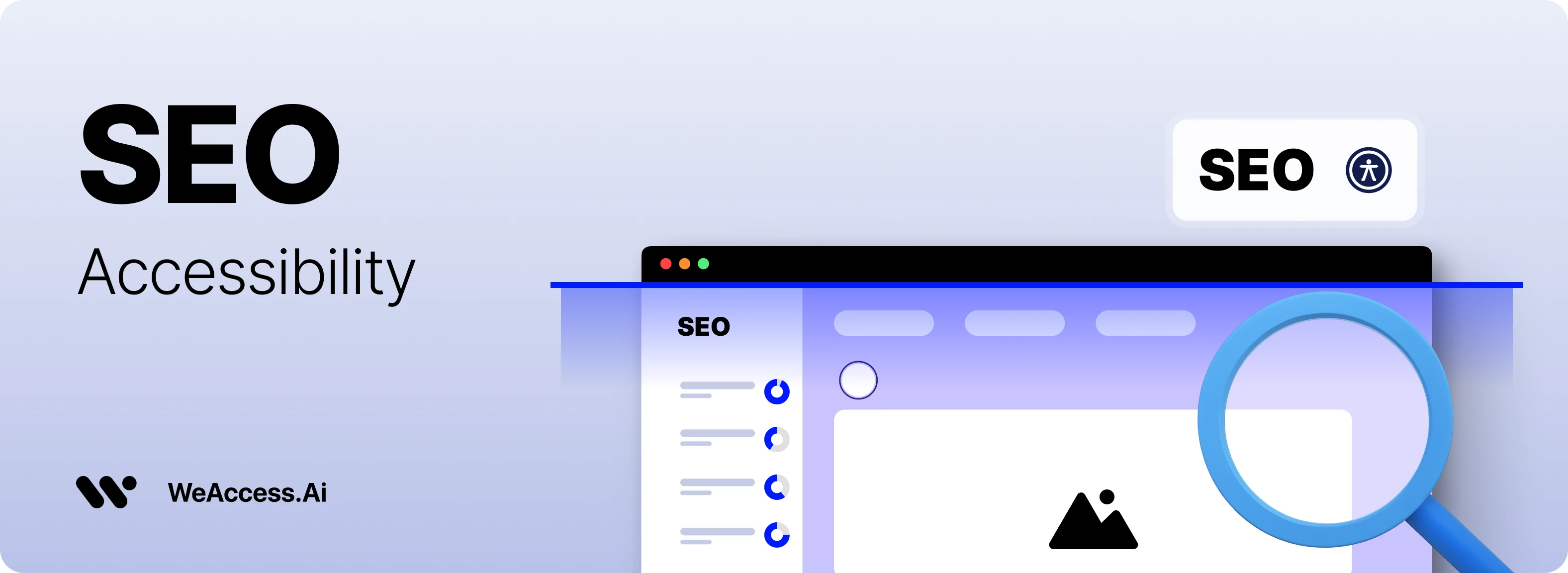 Kapak görseli: Açık zemin üzerinde WeAccess.Ai logosu, SEO ve erişilebilirlik ikonu olan etiket, mavi büyüteç ile incelenen web tarayıcı penceresi ve içerik analizi grafikleri